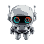 cute cartoon robot character, top-down view, perfectly round head with smooth metallic surface reflecting soft light, large expressive eyes with detailed spiral patterns in rainbow colors, two thin fl