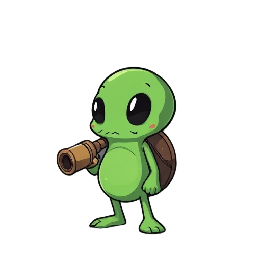 un slime vert avec une carapace et un canon dans un style cartoon