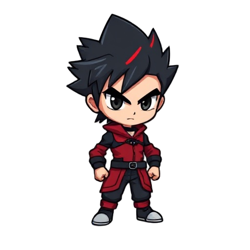 pixel, cartoonish figure.  black, spiky hair with red highlights.  dark eyes.  wearing a red and black outfit with a determined expression.