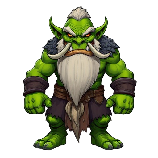 character concept: orc blademaster  skin: vibrant green, muscular build. facial features: prominent lower tusks, a long, flowing white beard tied at the end, sharp yellow eyes. attire: upper body: a d
