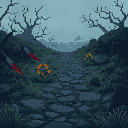 "a large, seamless 2d pixel art environment designed for a hack and slash game. the scene is dark and eerie, featuring a foggy, cursed battlefield with overgrown grass, broken stone pathways, and anci