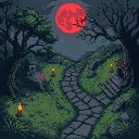 a top-down 2d pixel art hack and slash environment with overgrown grass, cracked stone paths, ruins, twisted trees, swirling mist under a blood-red moon, and flickering torches.