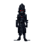 "a dark fantasy pixel art character, inspired by metroidvania and soulslike games. the character is a shadowy knight clad in tattered black robes, with intricate silver embroidery. his glowing red eye