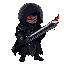 "a dark fantasy pixel art knight in tattered black robes with silver embroidery. his glowing red eyes shine beneath a hood, with a dark halo behind him. he wields a cursed longsword with black flames 