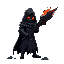 "dark fantasy knight in tattered robes, glowing red eyes, wielding a cursed black-flame sword in a misty wasteland."