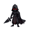 "dark fantasy knight in tattered robes, glowing red eyes, wielding a cursed black-flame sword in a misty wasteland."
