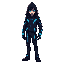  dark futuristic outfit, glowing blue accents, hooded jacket, slim athletic build, neon eyes, stylish and intimidating