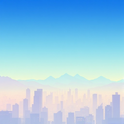 background, city sky with gradient from soft neon to light blue, cyber punk style, distant pixel mountains, simple and clean