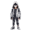 cool outfit, white and dark hooded jacket, slim athletic build, neon eyes, stylish and intimidating