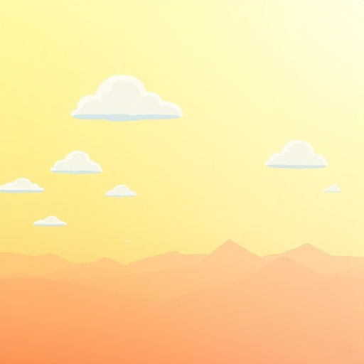 background, bright sky with gradient from soft orange to light blue, floating clouds, distant pixel mountains, simple and clean