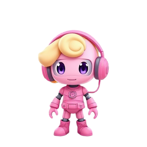pink robot with blonde curly hair, pink outfit and pink headphone