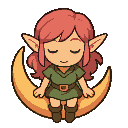 an elf girl with pink hair sitting on a small crescent moon, top down view, top down 45 degress