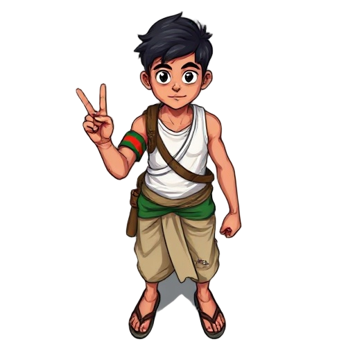 2d rpg game character, young bangladeshi freedom fighter from 1971, male, age 17, wearing torn lungi and sleeveless white undershirt, red and green armband (bangladesh flag colors), holding a curved v
