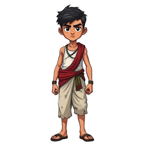 2d rpg character, young male bangladeshi freedom fighter from the 1971 liberation war, age 17, serious and determined expression, wearing a torn lungi and sleeveless white undershirt, with a red and g