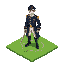 military uniform: white shirt, dark blue coat w/ gold epaulets, black boots. black short hair, no mustache/hat. standing on green tile map, holding sword, facing forward. clean lines, 8-10 colors, transparent bg, sharp edges, isometric, pseudo-3d depth, f