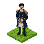pixel-art simón bolívar, 64x64px, 16-bit retro style like fft gba. military uniform: white shirt, dark blue coat w/ gold epaulets, black boots. black short hair, no mustache/hat. standing on green tile map, holding sword, facing forward. clean lines, 8-10