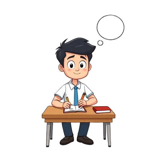 generate a student sitting at a desk with a pen in hand and a notebook on the desk, make him write, then think, the blink 