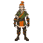ronin with green shirt, white collar and orange and grey armored legs with a ponytail with orange 