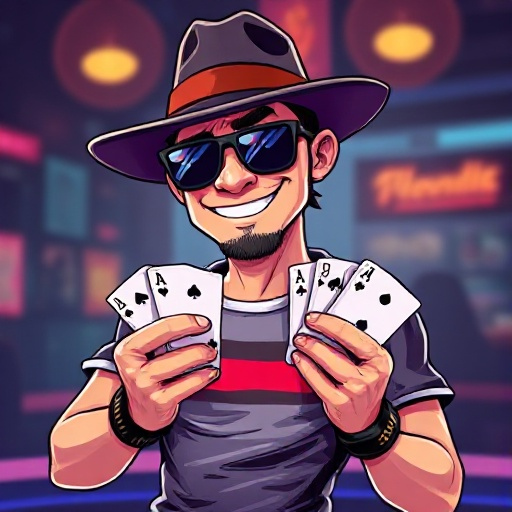 a cyberpunk gambler wears a fedora hat, sunglasses and has a smile on his face, has a deck of cards in his hands. he also is wearing a smart t-shirt with strips on
