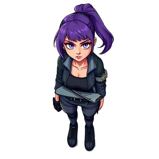 cyberpunk women with purple hair is equip with a mobile that is located on her wrist. she looks serious and ready for action. also very beautiful