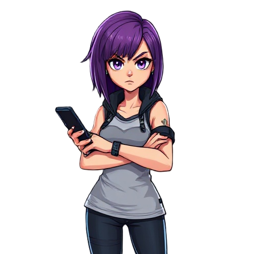 cyberpunk women with purple hair is equip with a mobile that is located on her wrist. she looks serious and ready for a battle. also very beautiful