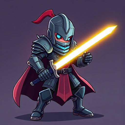 a cyberpunk knight with a lightsaber for a sword poses ready for battle and is wearing lots of armor. he also has a cape