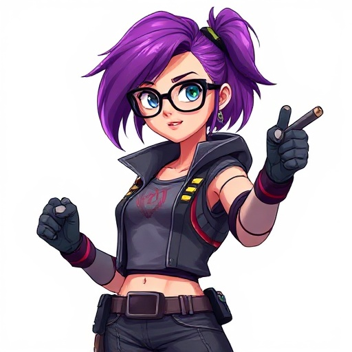 a beautiful purpled hair lady with glasses wear cyberpunk clothes while posing and ready for battle