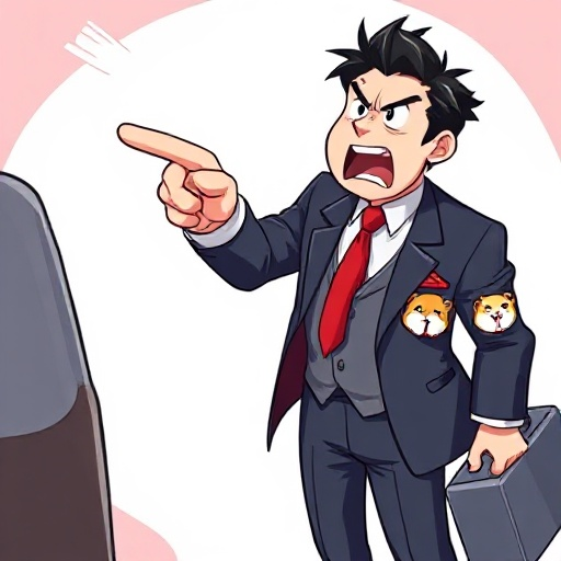 a japanese man in a suit with a red tie shouting at something and pointing is finger fiercly towards the something he is shouting at. he has black hair and shiny shoes. he is also carrying a suitcase, with a hamster in his pocket. the hamster is also angr