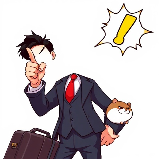 a japanese man in a suit with a red tie shouting at something and pointing is finger fiercely towards the something he is shouting at. he has black hair. he is also carrying a suitcase, with a hamster in his pocket. the hamster is also angry. the suit has