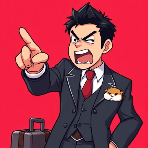 a japanese man in a suit with a red tie shouting at something and pointing is finger fiercely towards the something he is shouting at. he has black hair. he is also carrying a suitcase, with a hamster in his pocket. the hamster is also angry. the suit has