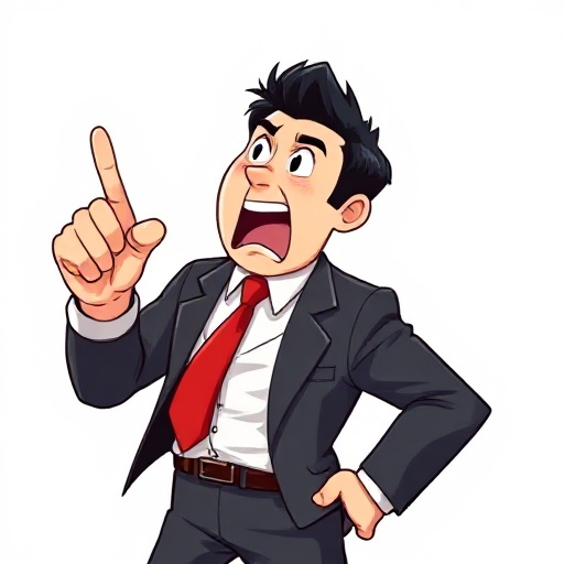 a japanese man in a suit with a red tie shouting at something and pointing is finger fiercly towards the something he is shouting at. he has black hair and shiny shoes. he looks like he is from wolf of wall street