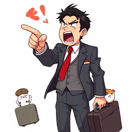 a japanese man in a suit with a red tie shouting at something and pointing is finger fiercely towards the something he is shouting at. he has black hair. he is also carrying a suitcase, with a hamster in his pocket. the hamster is also angry. the suit he 