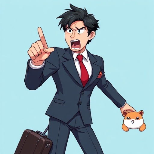 a japanese man in a suit with a red tie shouting at something and pointing is finger fiercely towards the something he is shouting at. he has black hair. he is also carrying a suitcase, with a hamster in his pocket. the hamster is also angry. the suit has