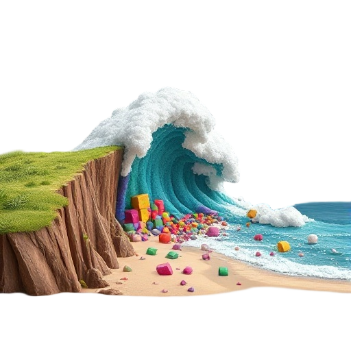 cinematic coastal cliff with grass and sand. the ocean is made of colorful minecraft-like wool blocks. a giant wave of wool rises and crashes on the beach, blocks bouncing and scattering. realistic lighting and physics, surreal contrast with natural scene