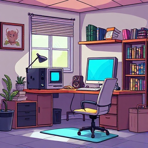 escritório com um computador mesas gavetas, papéis, uma janela e alguns livros