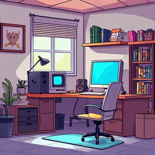 escritório com um computador mesas gavetas, papéis, uma janela e alguns livros