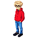 blonde guy with glasses, red hoddie, blue jeans and black shoes