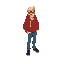 blonde guy with glasses, red hoddie, blue jeans and black shoes