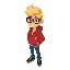 blonde guy with glasses, red hoddie, blue jeans and black shoes