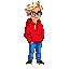 blonde guy with glasses, red hoddie, blue jeans and black shoes