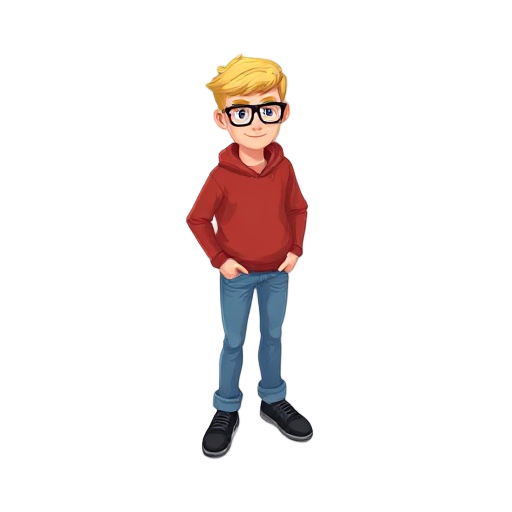 blonde guy with glasses, red hoddie, blue jeans and black shoes