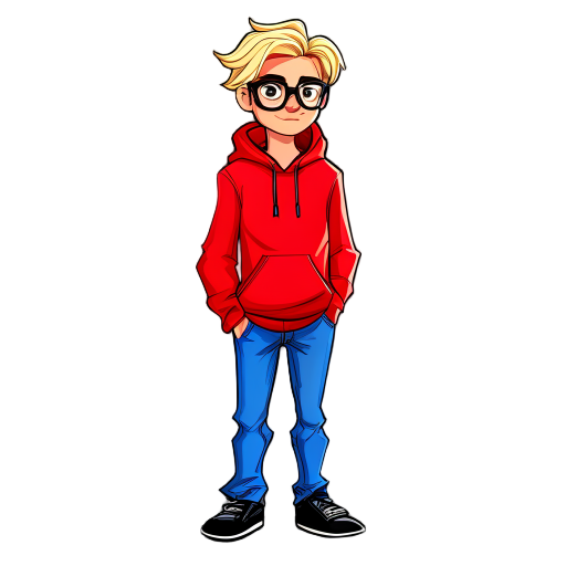 blonde guy with glasses, red hoddie, blue jeans and black shoes