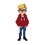 blonde guy with glasses, red hoddie, blue jeans and black shoes