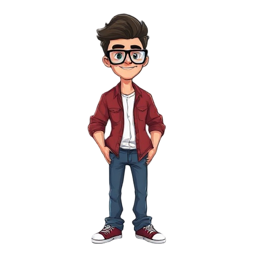 criar um homem alto de óculos com a camisa preta e uma calça jeans e cabelo curto