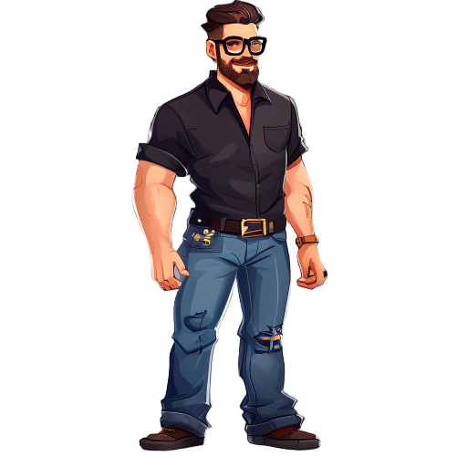 criar um homem alto de óculos com a camisa preta e uma calça jeans e cabelo curto