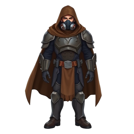 a man in a full armor suit, with a brown cape and a gas mask