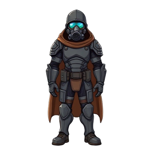 a man in a full armor suit, with a brown cape and a gas mask