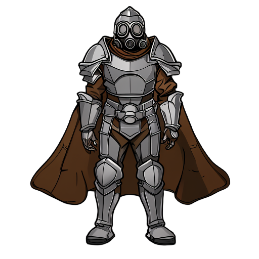 a man in a full armor suit, with a brown cape and a gas mask