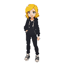 medium-haired women, bright yellow hair, tongue piercing, black hoodie, long pants, v-pose