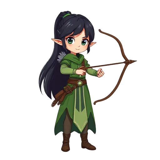 an elf archer girl. green robes, black hair.